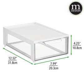 mDesign Plastic Stackable Office Storage Organizer Bin Containers with Front Pull Drawer for Cabinet, Desk, Shelves, or Closet Organization - Lumiere Collection - 2 Pack - White/Clear
