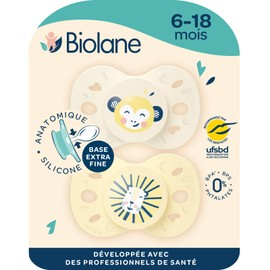 BIOLANE Anatomically Shaped Teat for Animals - Extra Fine Pacifiers - 6-18 Months - Yellow and Beige - Flat and Reversible Nipple - Optimal Comfort - Respects Mouth Development