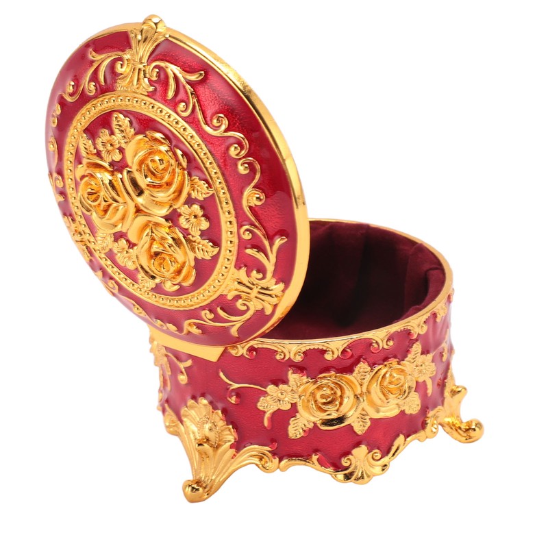 Vintage Metal Jewelry Box Round Exquisite Hand Carved Gold Flower