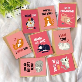 Obbyidk 24 Romantic Cat Valentine's Day Card Set, Funny Kitten Pun Note Cards Pack with Envelopes, Cute Kitty Valentines Card Bulk for Cat Lover, 4 x 6 In(8 Designs, 3 Each)