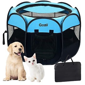 GOOZII Small Dog Playpen Portable Collapsible, Indoor Outdoor Pet Puppy Dogs Exercise Playpens Case with Zipper Door Top Cover Floor for Large Cat Rabbit Travel Camping (Small Size, Black/Blue)