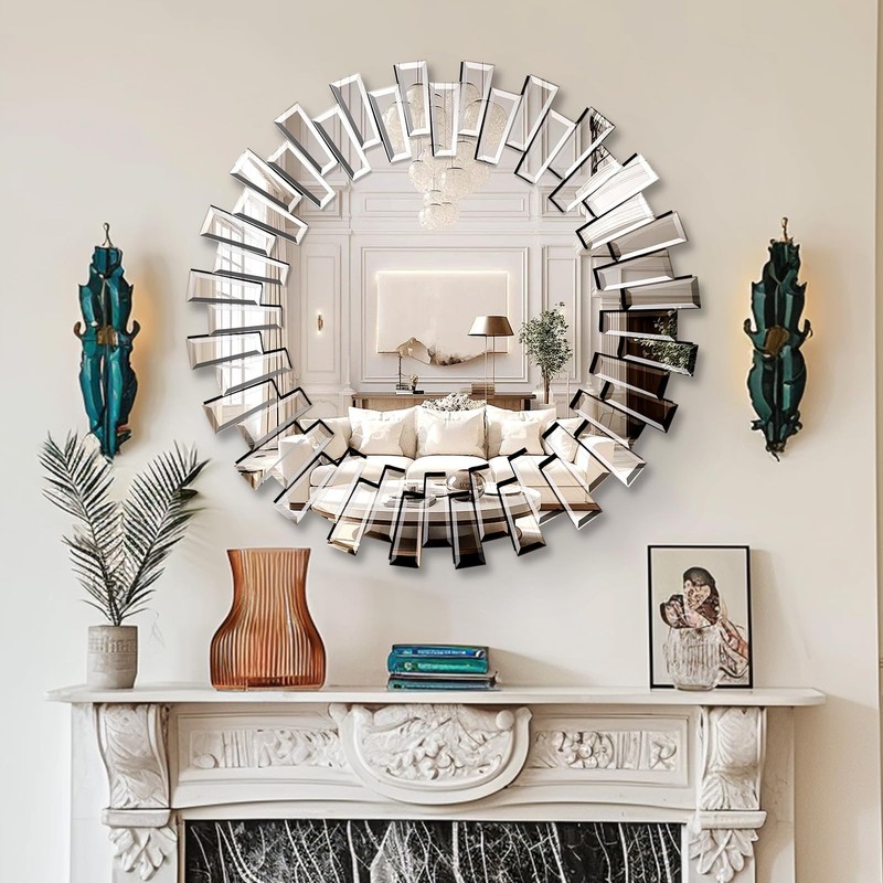 QDSSDECO Round Mirror Sunburst Wall Mirror 24" Beveled Edge Frameless
