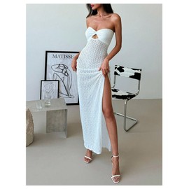 Milumia Women's Twist Front Cut Out Crochet Dress Strapless Split Thigh Bodycon Maxi Dresses Beige Medium