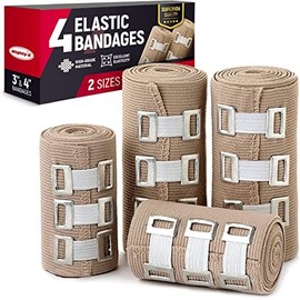Premium Compression Bandage - Pack of 4 - (2 x 7.5cm + 2 x 10cm) - Durable Elastic Bandage Wrap + 12 Extra Clips - Stretches up to 4.6m