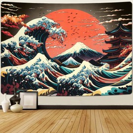AtawLege The Great Wave Tapestry Japanese Ocean Sea Wave Tapestries Vintage Asian Anime Tapestry Aesthetic Kanagawa Tapestry Mountain Sunset Tapestry Wall Hanging for Room(59.1 x 59.1 inches)