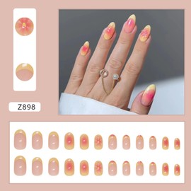 24Pcs Summer Press on Nails Almond Yellow French Tip Fake Nails with 3D Flower Designs Full Cover Medium False Nails Glossy Stick on Nails Cute Floral Acrylic Nails Stick on Nails for Women