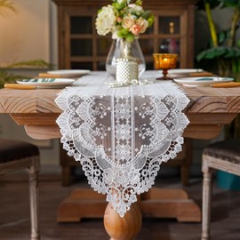 SUTAVIA White Lace Table Runner Exquisite Embroidery Floral Rectangular Elegant Dresser Scarf Shabby Chic Rustic Decoration for Home Kitchen Holiday Wedding Party Living Room (White, 13"x60")