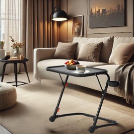 Homy Casa Foldable Breakfast Tray with PP Tabletop, Adjustable Height, Sturdy Metal Frame, Portable Serving Tray with Cup Holder for Bed, Sofa, and Living Room