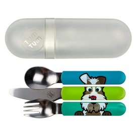 TUM TUM Kinder Reisebesteck - Edelstahl Babybesteck - Kinderbesteck mit Motiv (Hund) - extra Aufbewahrung - Esslernbesteck Set - Kindergeschirr 3-10 Jahre - BPA frei