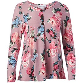 Star Vixen Women's Long Sleeve Button Front Flowy Tank Top with Pleated Detail, Mauve/Floral, XLarge