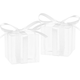 Hooqict 50pcs Favor Boxes 2x2x2 Inches Clear Gift Boxes with Ribbons Party Favor Boxes Small Plastic Candy Treat Boxes for Wedding Favors Baby Shower Birthday Classroom