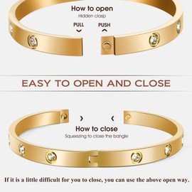 LUCSIS Hinge Bangle Bracelet Stainless Steel 18K Gold Plated with Love 5A Grade Cubic Zirconia, Friendship Love Bracelet Jewelry gifts for women