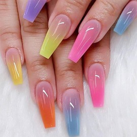 Colourful Summer Ballerina Press on Nails, Long Coffin Fake Nails with Glue, Full Cover Acrylic Artificial Nails Tips, Reusable on Manicure Kit for Women 24Pcs