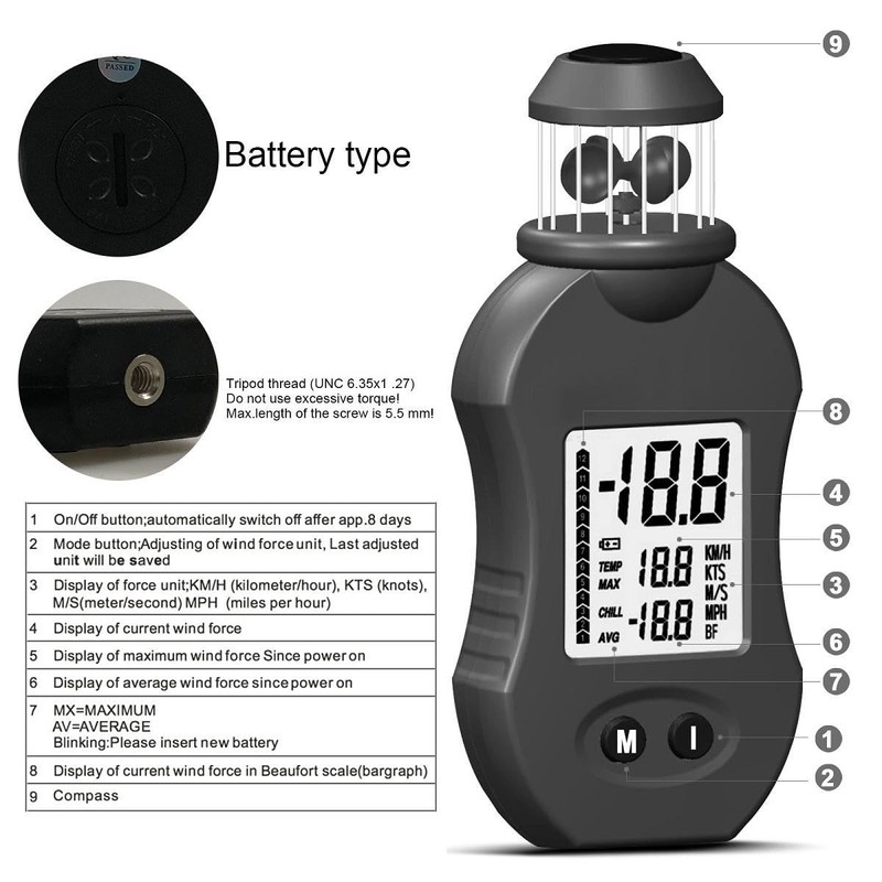 ieron Digital Anemometer Multifunction Anemometer HP-876 Handheld Wind Gauge 0.7-42m/s