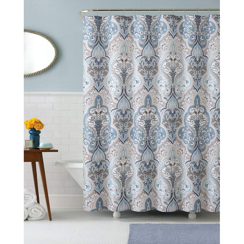 Calais Dobby Fabric Shower Curtain: iKat Floral Design (Blue-Brown-White) by
