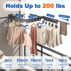 Clothes Drying Rack Wall Mounted, Foldable Laundry Drying Rack Indoor, Space Saving Wall Drying Rack Clothing Collapsible, Tri-Fold Retractable Rack Outdoor with Clip for Laundry Room Storage