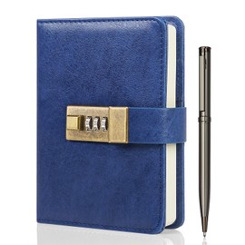 WEMATE Journal with Lock, A6 PU Leather Diary with Lock 240 Pages, Lock Journal Password Notebook with Pen & Gift Box, Lock Diary Planner Organizer for Men and Women 4.3X 6.18in Blue
