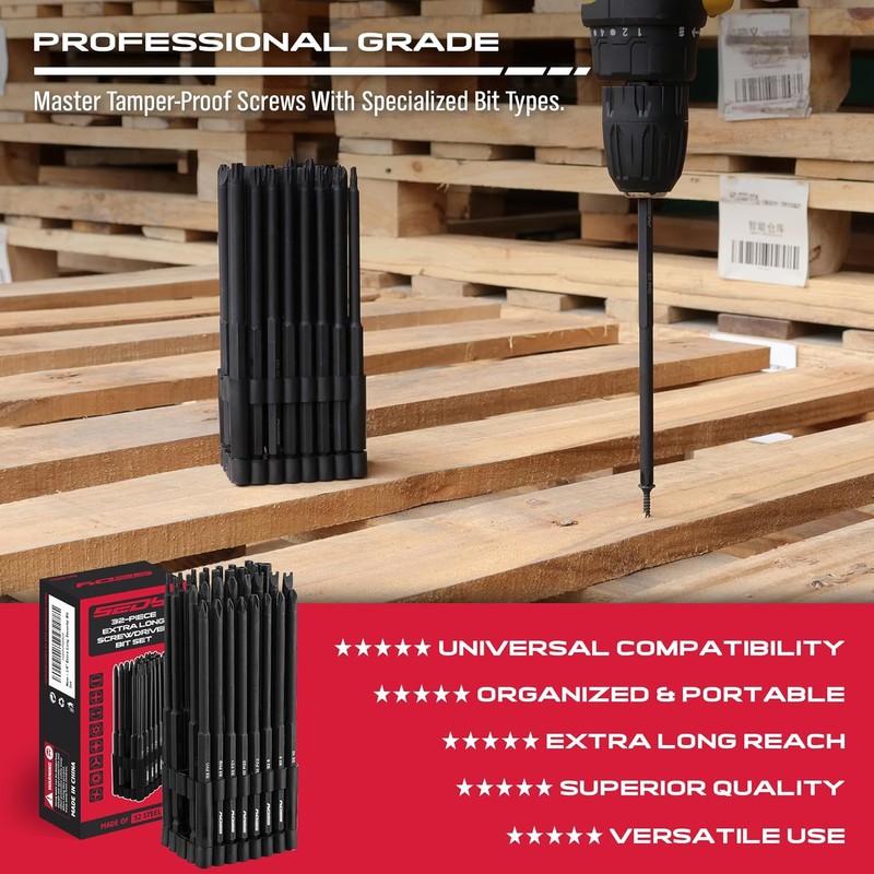 Extra Long Security Bit Set: 32-Piece S2 Steel Screwdriver Drill