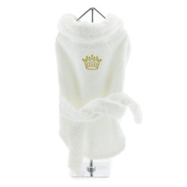 DOGGIE DESIGN White Silver or Gold Tiara Cotton Dog Bathrobe (Large, Gold Crown)