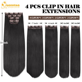 QUEENTAS Brown Hair Extensions Clip in 4Pcs Set Synthetic Fiber Long Straight Add Volume Full Head Hair Pieces for Women for Daily Use (22 Inches Brown)
