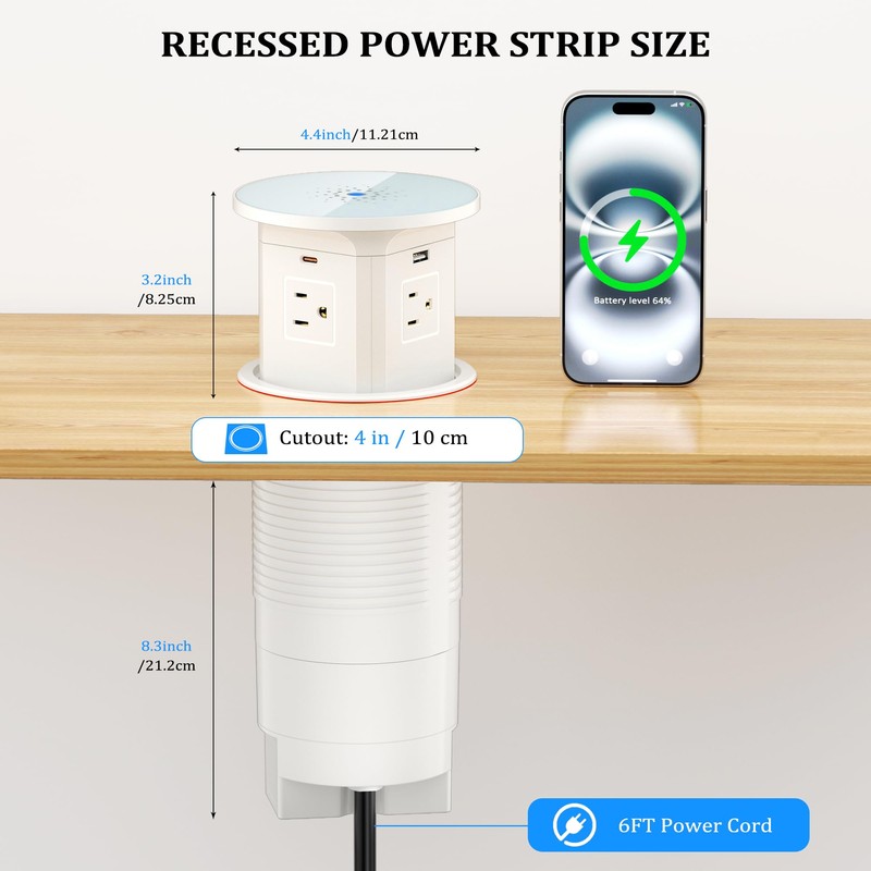 XBA 65W USB-C Pop Up Outlet with 10W Wireless Charging,