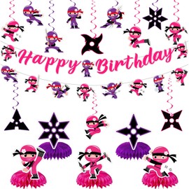 Pink Ninja Party Decorations Ninja Warrior Birthday Party Decor Supplies Includes Happy Birthday Banner Hanging Swirls for Birthdays Girls Warrior Ninja Master Supplies Honeycomb Centerpiece