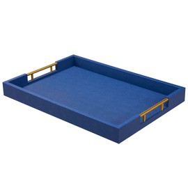 Elegant 14x20 Inches Blue Faux Leather Serving Tray with Golden Metal Handles for Various Occasions, Ottoman, Home Decor Decorative, Living Room, Coffee Table Organizer, Serving Breakfast On Bed