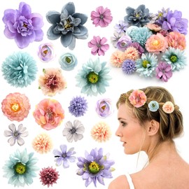 Satiskid Silk Fabric Flower Hair Clips - 21PCS Realistic 3D Rose Hairpins for Women, Multiple Elegant Designs Boho Wedding Beach Party Hair Accessories (Blue and purple series)