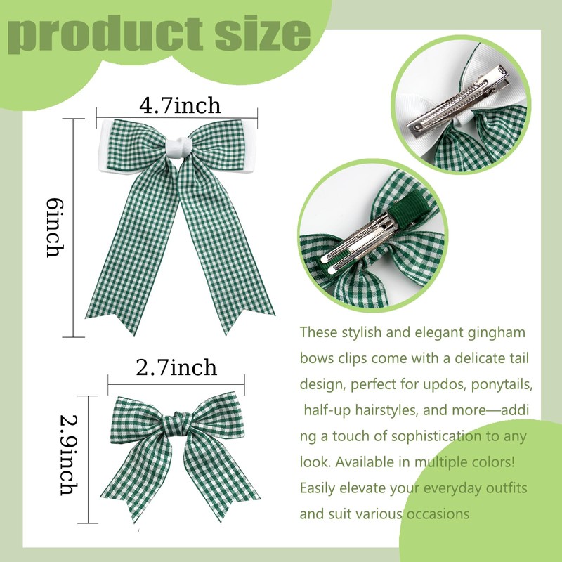 JOYFUNFABU 3Pcs Green White Gingham Hair Bow with Long Tail