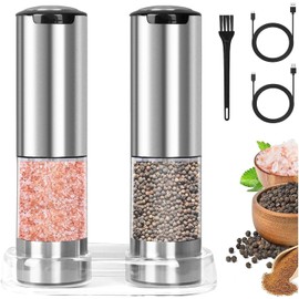 Electric Salt and Pepper Grinder Set, 2Pack Stainless Steel Rechargeable Pepper Grinder with Large Capacity Container, Automatic Pepper Shakers with Adjustable Coarseness, LED Light and Base