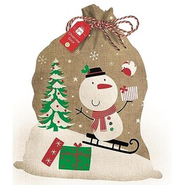 Christmas Santa's Sack Childrens Presents Large Brown Calico Bag Snowman Design