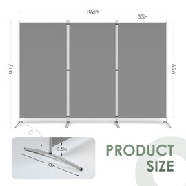 RANTILA 3 Panel Room Divider, 6 Ft Tall Folding Privacy Screen Freestanding Room Partition Wall Dividers, 102''W x 20''D x 71''H, Grey