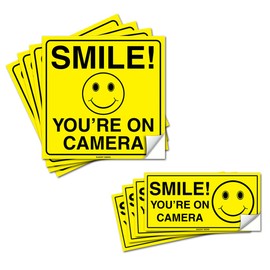 (8 Pack) Smile You're ON Camera Bundle (4) 6"x6" & (4) 2"x4" Self Adhesive Vinyl Stickers - Heavy Duty - 4 Mil w/ 3mil Lamination for Ultimate Protection & Durability - UV Protected & Weatherproof