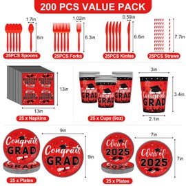 Graduation Plates and Napkins 2025, Red and Black Graduation Decorations Paper Plates, Class of 2025 Disposable Party Supplies, Grad Party Decorations for Kindergarten College High School, Serve 25