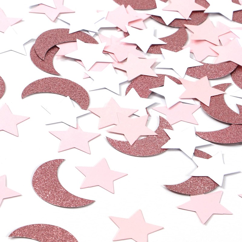 Rose-Gold Pink-White Moon Star Confetti - 300pcs Glitter Twinkle Little