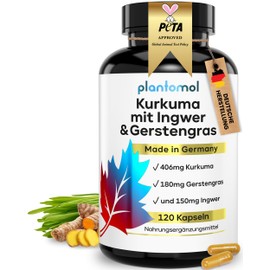 plantomol 120 Kurkuma Ingwer Kapseln hochdosiert mit Gerstengras & Piperin - Kurkuma Kapseln hochdosiert mit Curcuma Extrakt & Curcumin - 4 Monatsvorrat