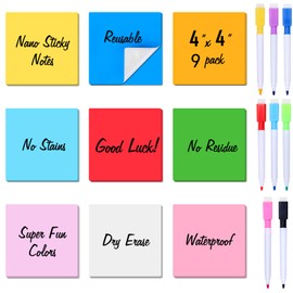 Zayvor 9 Notes Made of Colourful Sticky Notes Coloured Reusable Whiteboard Stickers Books Environmentally Friendly and Removable Labelling 8 Wipe-Clean Pen Whiteboard Markers