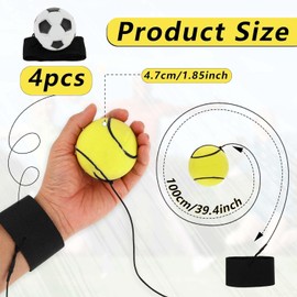 4 Pieces Wrist Return Ball, 2 Inch Rubber Rebound Ball Wristband On A String Sports Wrist Ball Includes Basketball, Baseball and Football for Wrist Exercise or Play