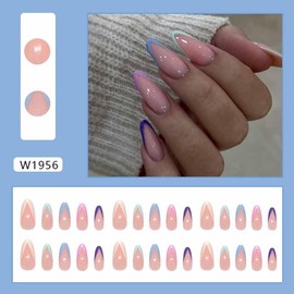 24Pcs Color French Press on Nails Medium Almond Fake Nails Colored Dopamine French Tip Nude Pink Cute False Nails With Jelly Glue Summer Glue on Nails Acrylic Nails Full Cover Stick on for Women Girls