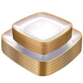 bUCLA 50PCS Clear Plastic Plates with Gold Trim - Heavy Duty Clear Gold Square Plates Disposable - Include 25 Each (Dinner & Dessert) for Party & Wedding