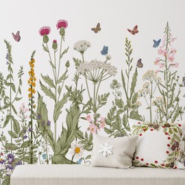 Zonon Flowers Wall Decals Vinyl Dragonflies Flowers Wall Stickers Removable Floral Wall Murals Peel and Stick Colorful Flower Wall Decor for Bedroom Living Room Nursery(Flowers)