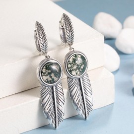 AVECON Moss Agate Earrings Feather Drop Earrings for Women 925 Sterling Silver Dangle Earrings Lever Back Vintage Feather Earrings for Ladies Birthday Gifts for Girlfriend/Wife/Sister/Mom