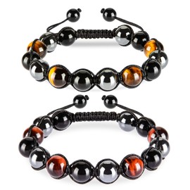 SAMXY Triple Protection Bracelet, 10mm Healing Crystal Bead Bracelet, 2pcs Red Yellow Tiger's Eye Obsidian Hematite Bracelet Women Men (2Pcs 10mm Yellow Red)