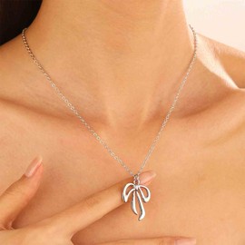 Yheakne Vintage Bow Pendant Necklace Silver Bow Choker Necklace Hollow Ribbon Bow Tie Necklace Choker Station Ball Necklace Chain Jewelry for Women（Silver1）