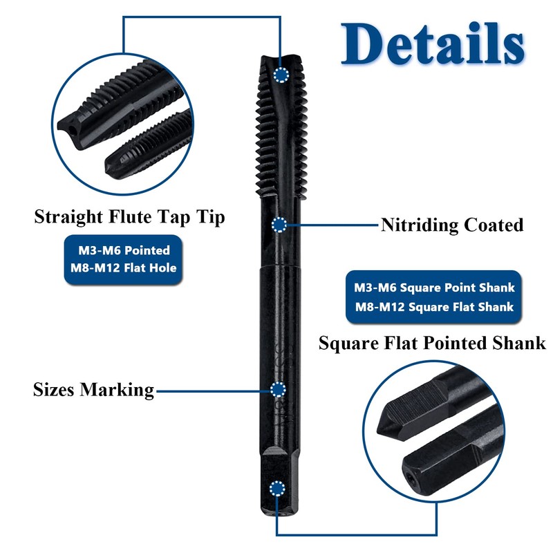Bestgle 7 Pcs Straight Flute Tap Set Thread Taps HSS