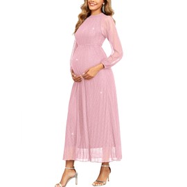 AISWI Maternity Sparkly Dress Halter Neck A Line Long-Sleeve Raglan Pregnancy Dresses Semi Formal Baby Shower Photoshoot, Pink, Large