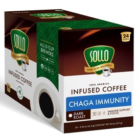 SOLLO Infused Mushroom Coffee K-Cups | Dark Roast Coffee with 100% Chaga Powder | Focus & Immune Support | Compatable with Keurig | 24 Count
