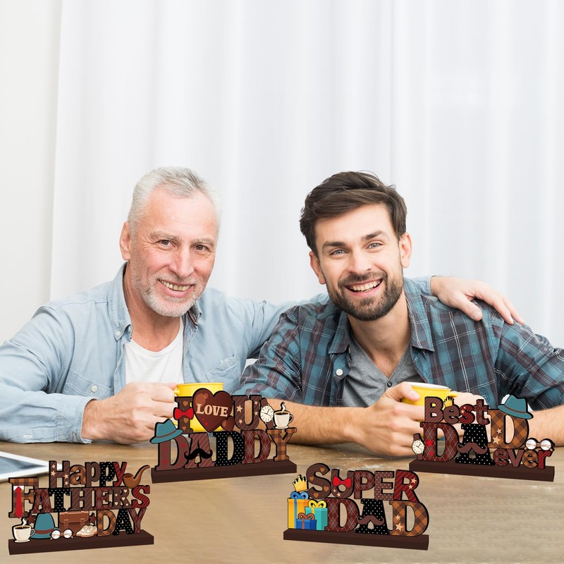4pcs Fathers Day Decorations Table Centerpiece Wooden Happy Fathers Day