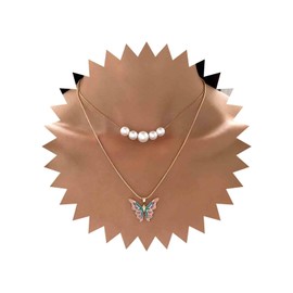 Aneneiceera Boho Colour Butterfly Pearl Necklace Choker Gold Fashion Colourful Butterfly Pendant Necklace Pearl Strand Pendant Choker Statement Necklace Jewellery for Women and Girls (Style A), Metal