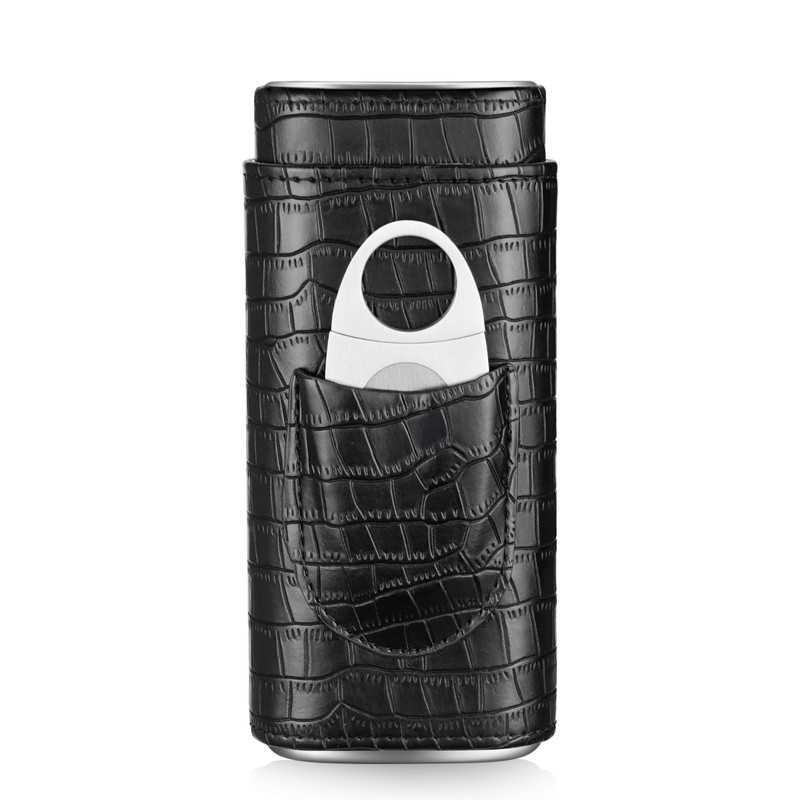 cgaplus 3-Finger Cigar Case with Cutter Crocodile Pattern Leather Cigar